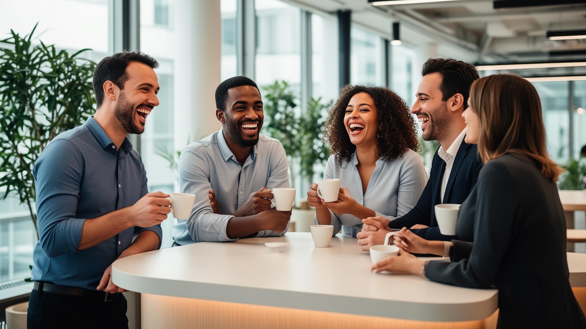 Collaborateurs souriants partageant un café