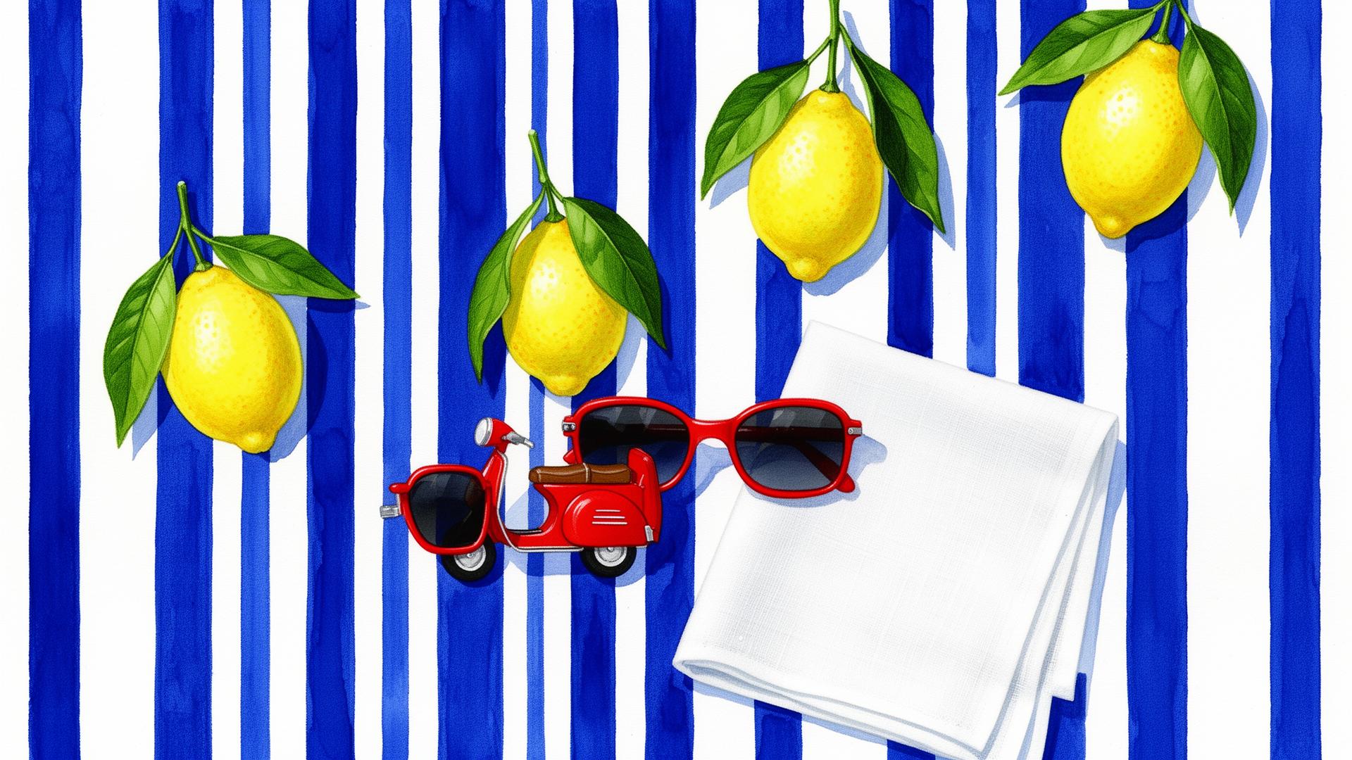 Composition Dolce Vita — citrons de Sicile sur fond rayé bleu et blanc, lunettes rouges et linge brodé
