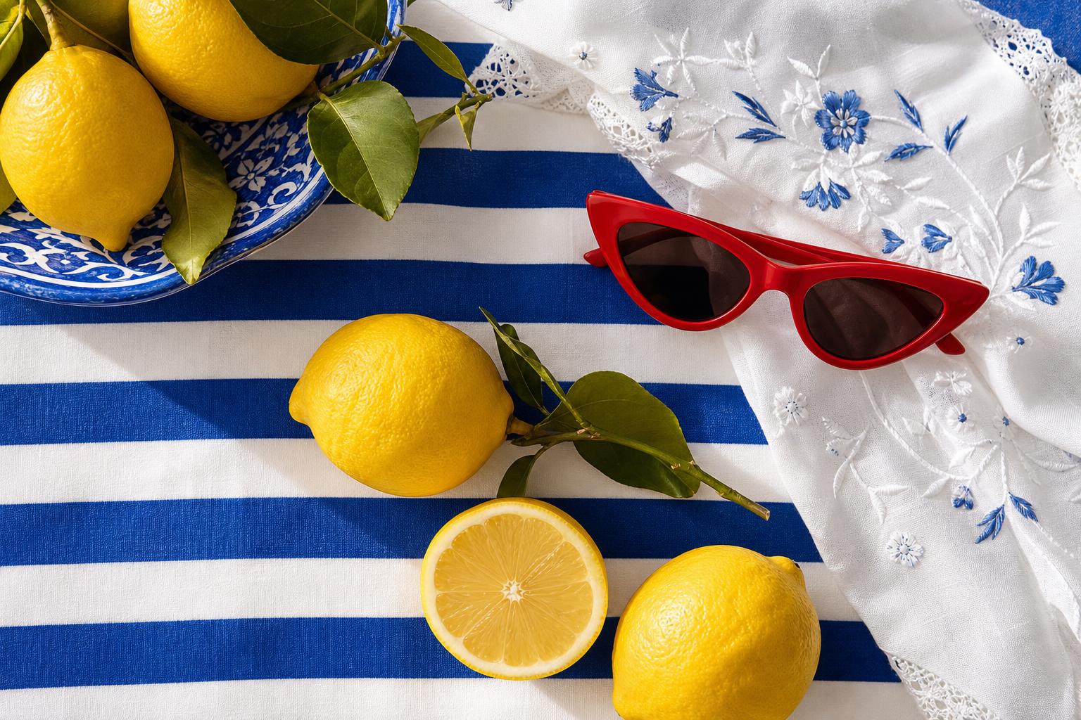 Composition Dolce Vita — citrons de Sicile sur fond rayé bleu et blanc, lunettes rouges et linge brodé