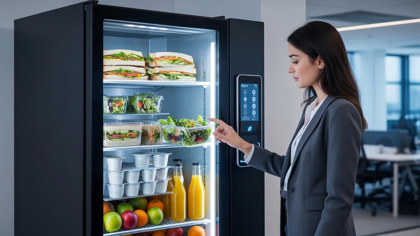 Smart fridge connecté rempli de produits frais premium